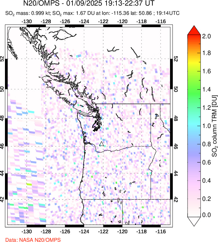 A sulfur dioxide image over Cascade Range, USA on Jan 09, 2025.