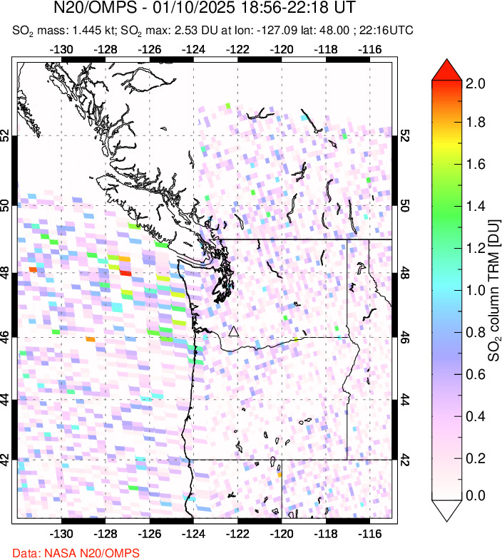 A sulfur dioxide image over Cascade Range, USA on Jan 10, 2025.