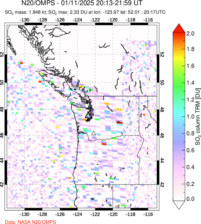 A sulfur dioxide image over Cascade Range, USA on Jan 11, 2025.