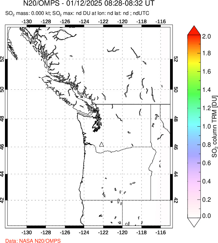 A sulfur dioxide image over Cascade Range, USA on Jan 12, 2025.