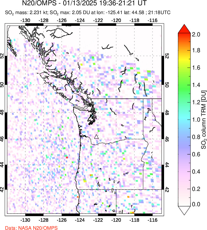 A sulfur dioxide image over Cascade Range, USA on Jan 13, 2025.