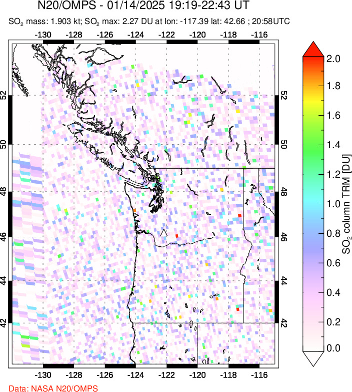 A sulfur dioxide image over Cascade Range, USA on Jan 14, 2025.