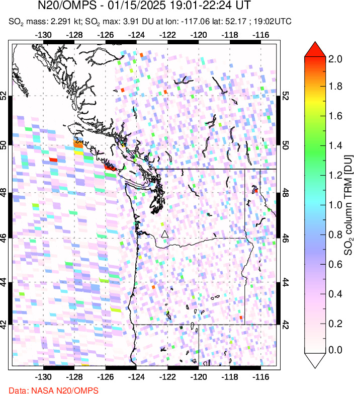 A sulfur dioxide image over Cascade Range, USA on Jan 15, 2025.