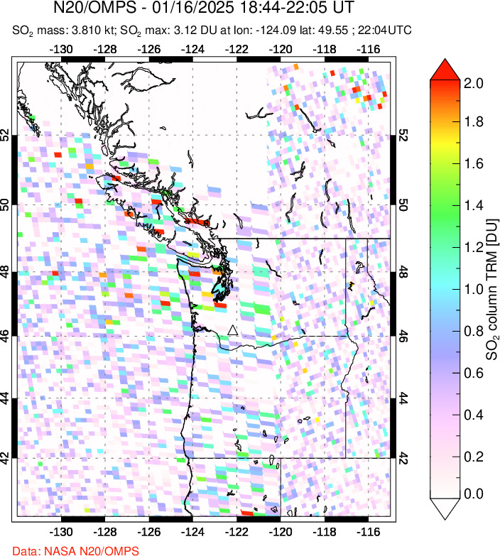 A sulfur dioxide image over Cascade Range, USA on Jan 16, 2025.