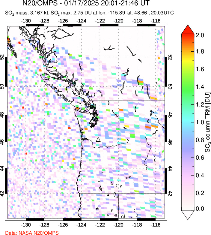 A sulfur dioxide image over Cascade Range, USA on Jan 17, 2025.