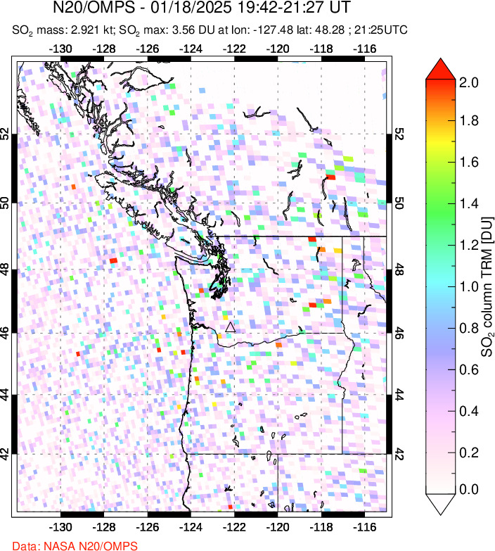 A sulfur dioxide image over Cascade Range, USA on Jan 18, 2025.