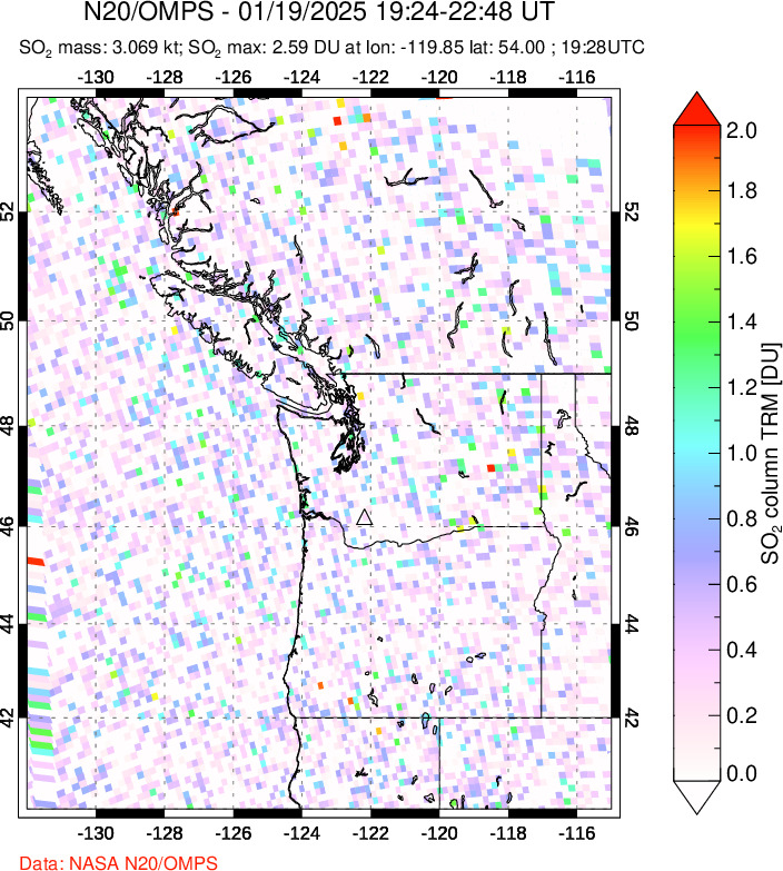 A sulfur dioxide image over Cascade Range, USA on Jan 19, 2025.