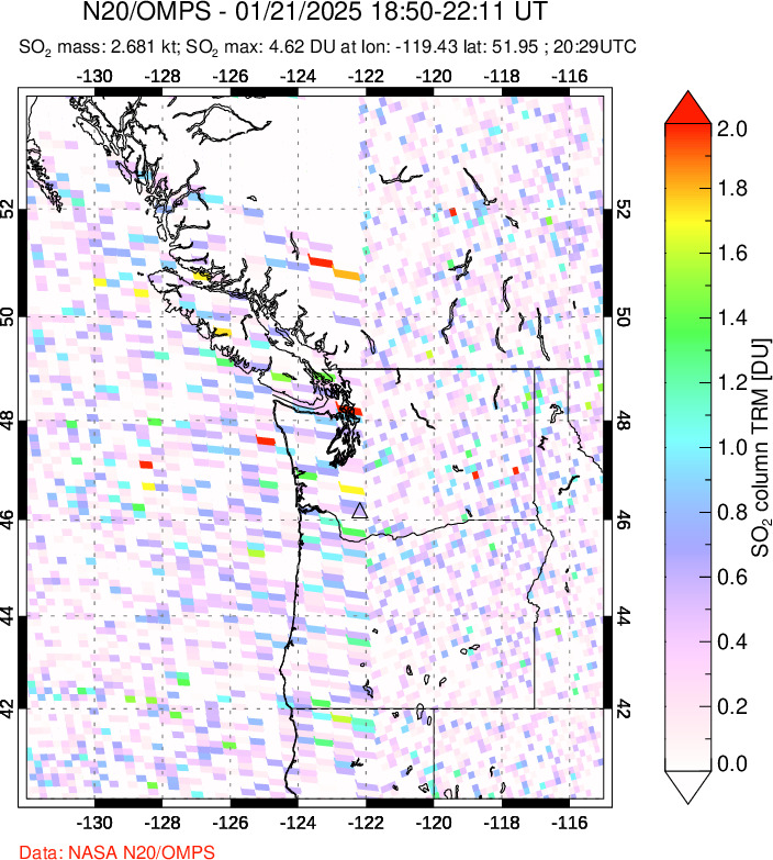 A sulfur dioxide image over Cascade Range, USA on Jan 21, 2025.