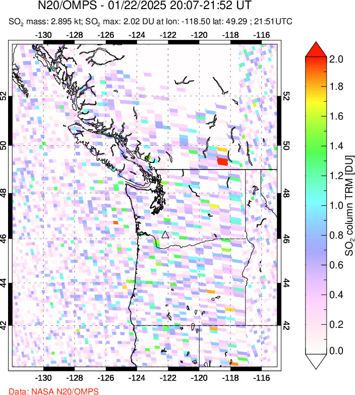 A sulfur dioxide image over Cascade Range, USA on Jan 22, 2025.