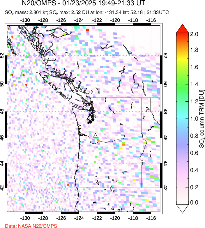 A sulfur dioxide image over Cascade Range, USA on Jan 23, 2025.