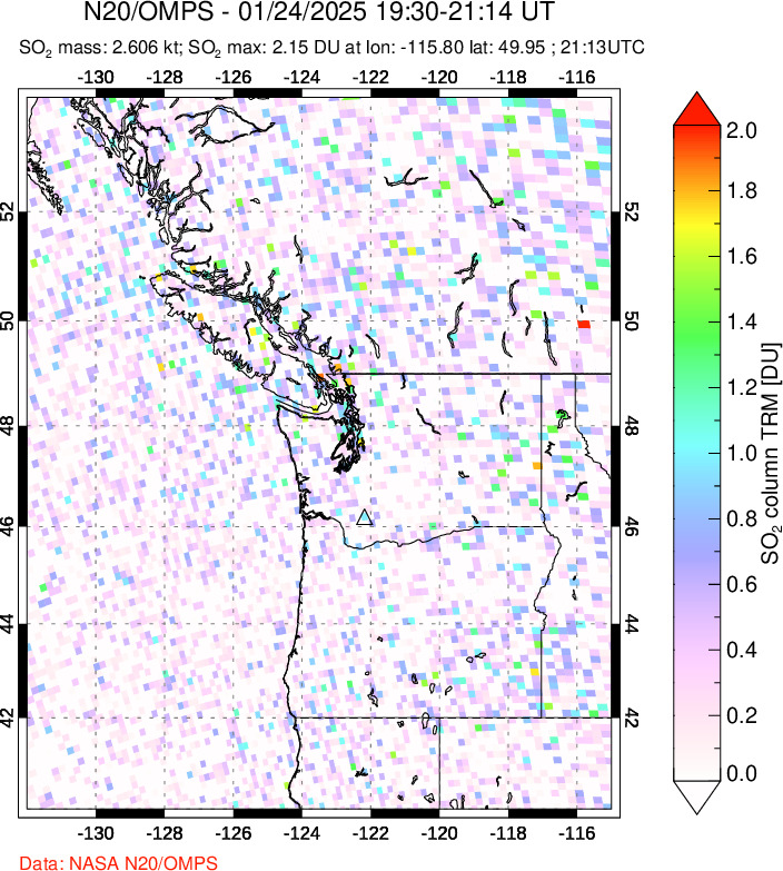 A sulfur dioxide image over Cascade Range, USA on Jan 24, 2025.