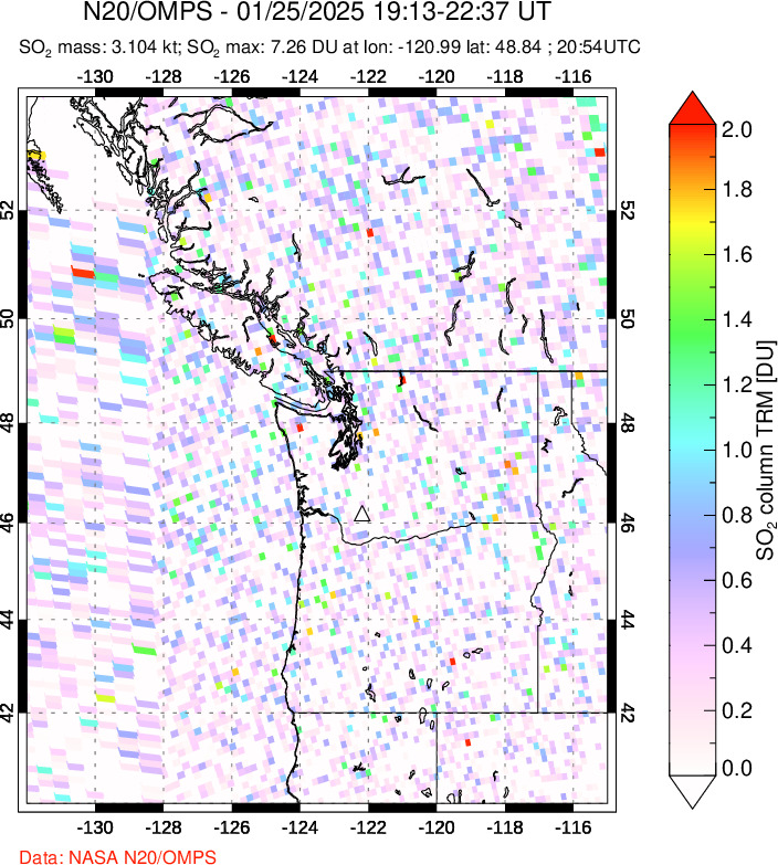 A sulfur dioxide image over Cascade Range, USA on Jan 25, 2025.