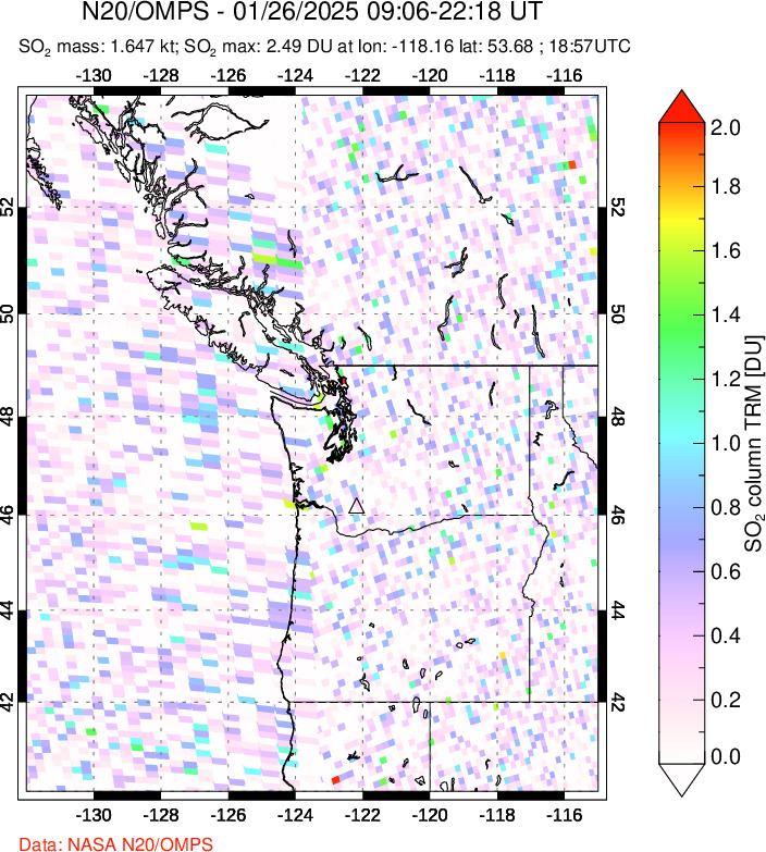 A sulfur dioxide image over Cascade Range, USA on Jan 26, 2025.