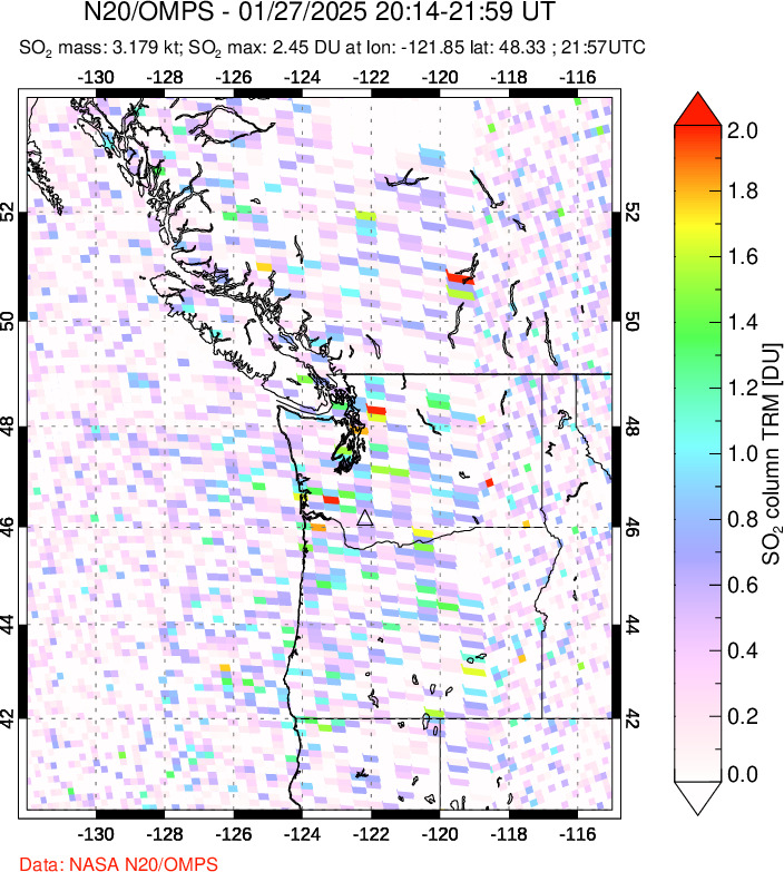 A sulfur dioxide image over Cascade Range, USA on Jan 27, 2025.