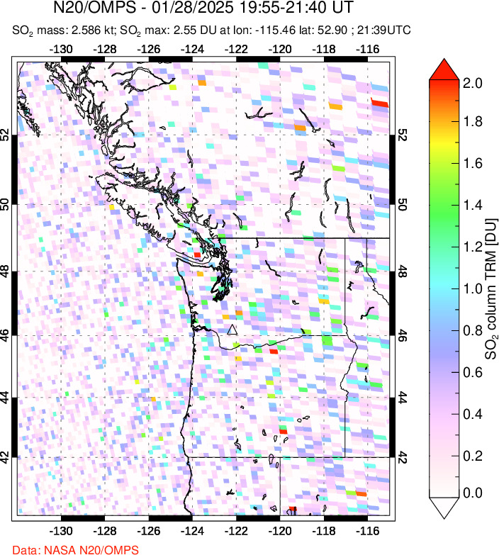 A sulfur dioxide image over Cascade Range, USA on Jan 28, 2025.