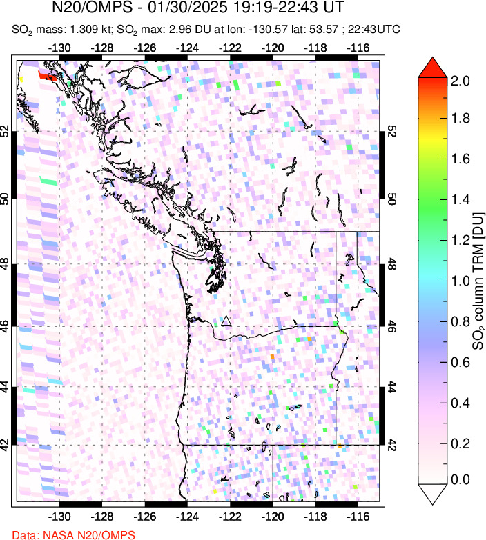 A sulfur dioxide image over Cascade Range, USA on Jan 30, 2025.