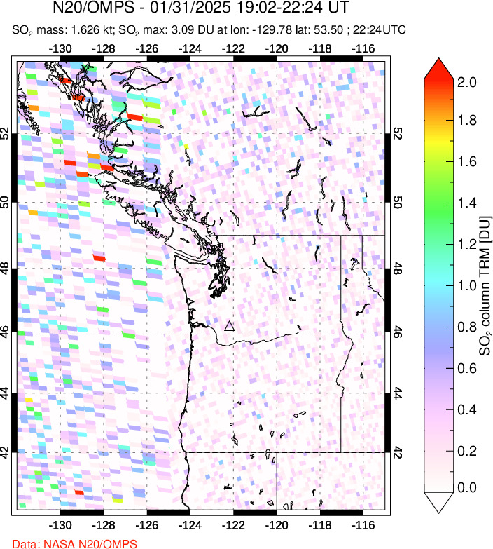 A sulfur dioxide image over Cascade Range, USA on Jan 31, 2025.