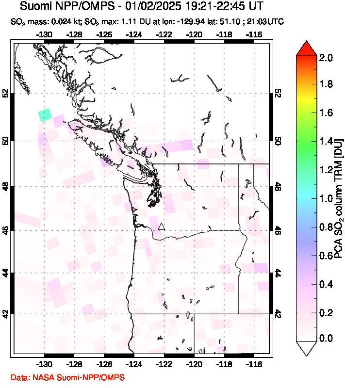 A sulfur dioxide image over Cascade Range, USA on Jan 02, 2025.