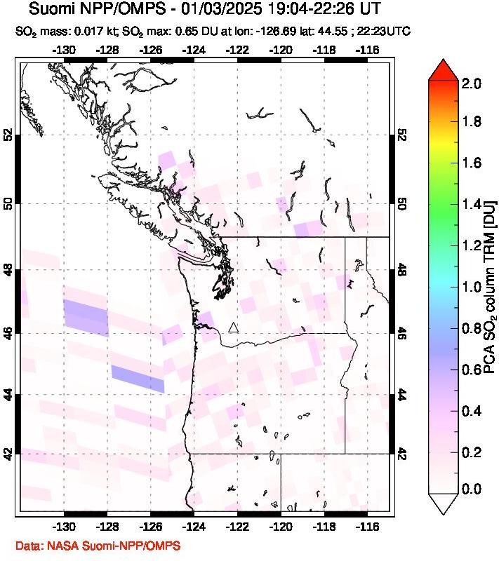 A sulfur dioxide image over Cascade Range, USA on Jan 03, 2025.