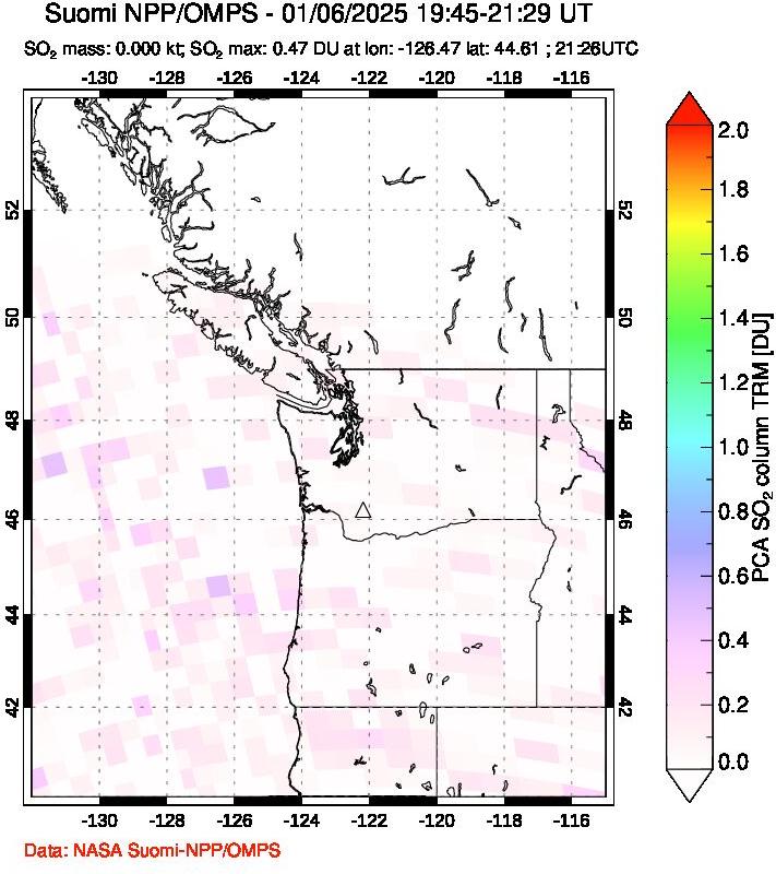 A sulfur dioxide image over Cascade Range, USA on Jan 06, 2025.