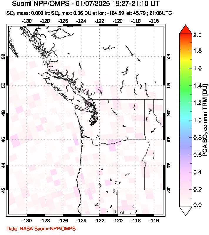 A sulfur dioxide image over Cascade Range, USA on Jan 07, 2025.