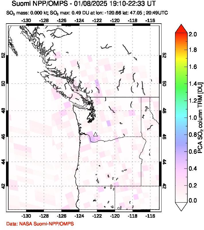 A sulfur dioxide image over Cascade Range, USA on Jan 08, 2025.