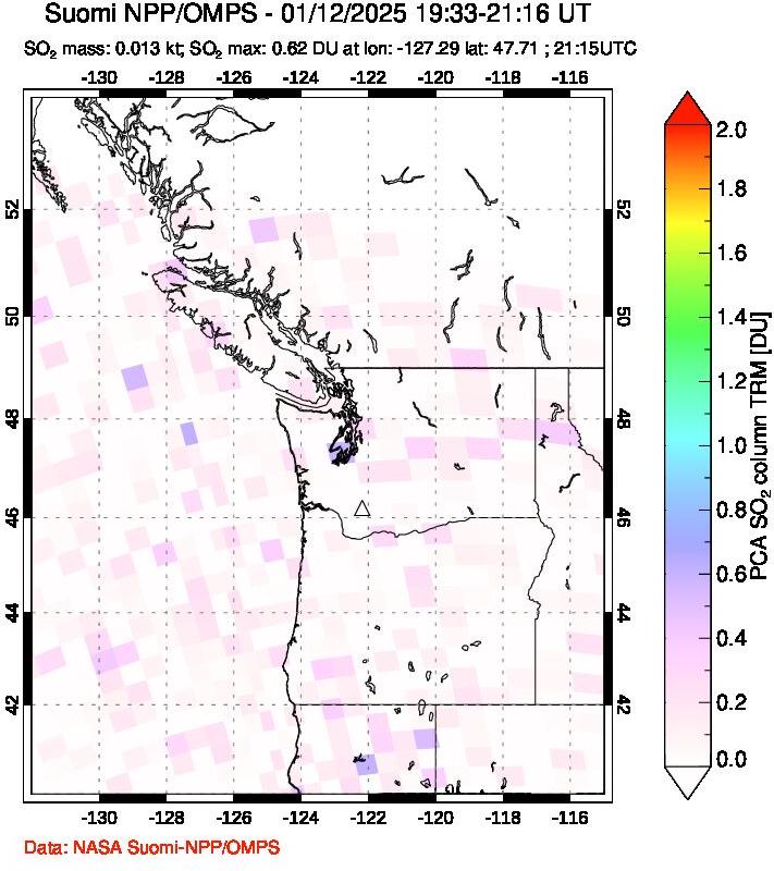 A sulfur dioxide image over Cascade Range, USA on Jan 12, 2025.