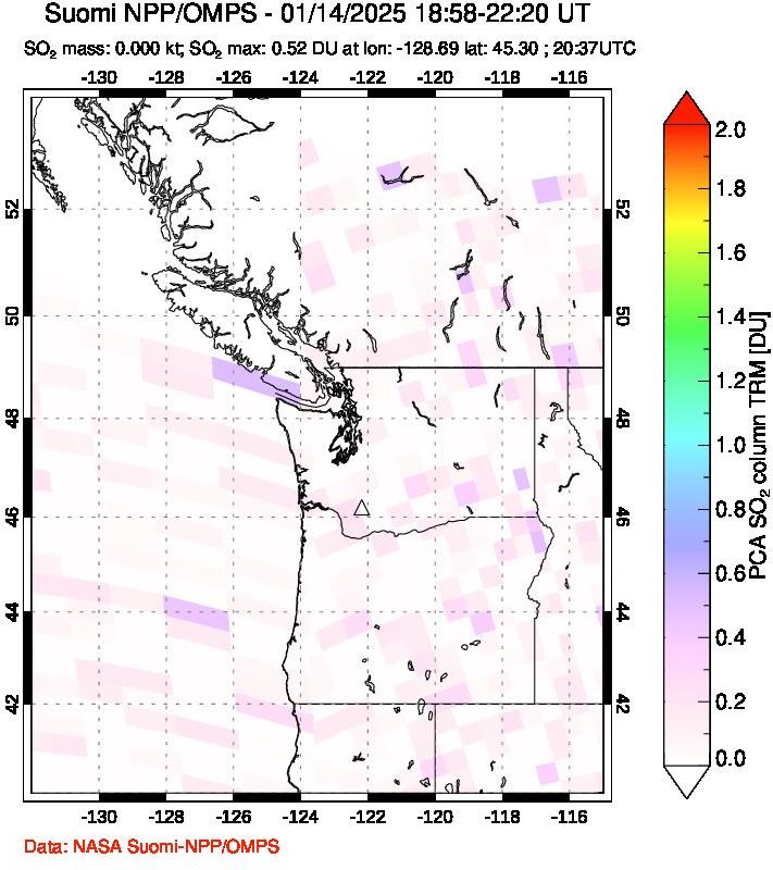 A sulfur dioxide image over Cascade Range, USA on Jan 14, 2025.