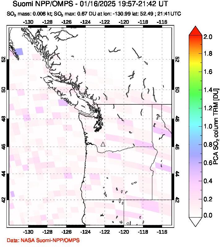 A sulfur dioxide image over Cascade Range, USA on Jan 16, 2025.