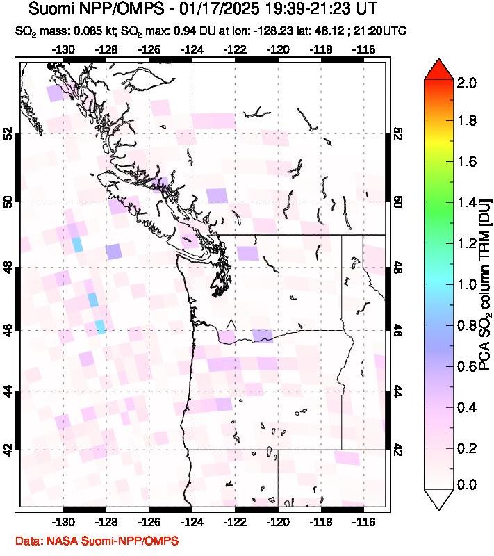 A sulfur dioxide image over Cascade Range, USA on Jan 17, 2025.