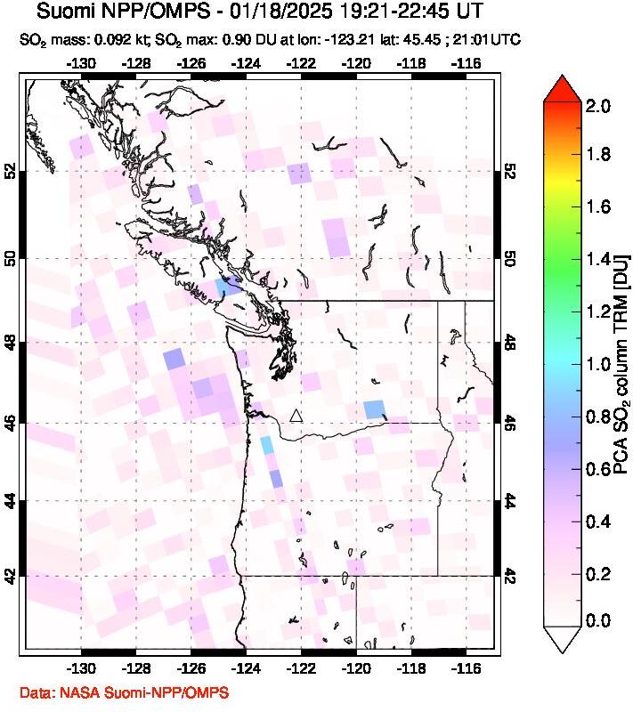 A sulfur dioxide image over Cascade Range, USA on Jan 18, 2025.