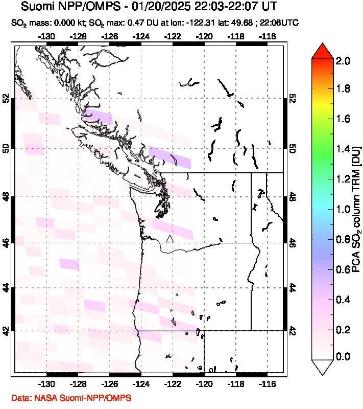 A sulfur dioxide image over Cascade Range, USA on Jan 20, 2025.