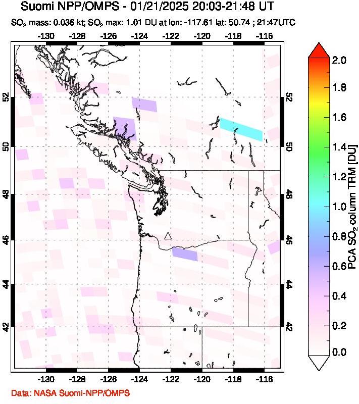 A sulfur dioxide image over Cascade Range, USA on Jan 21, 2025.