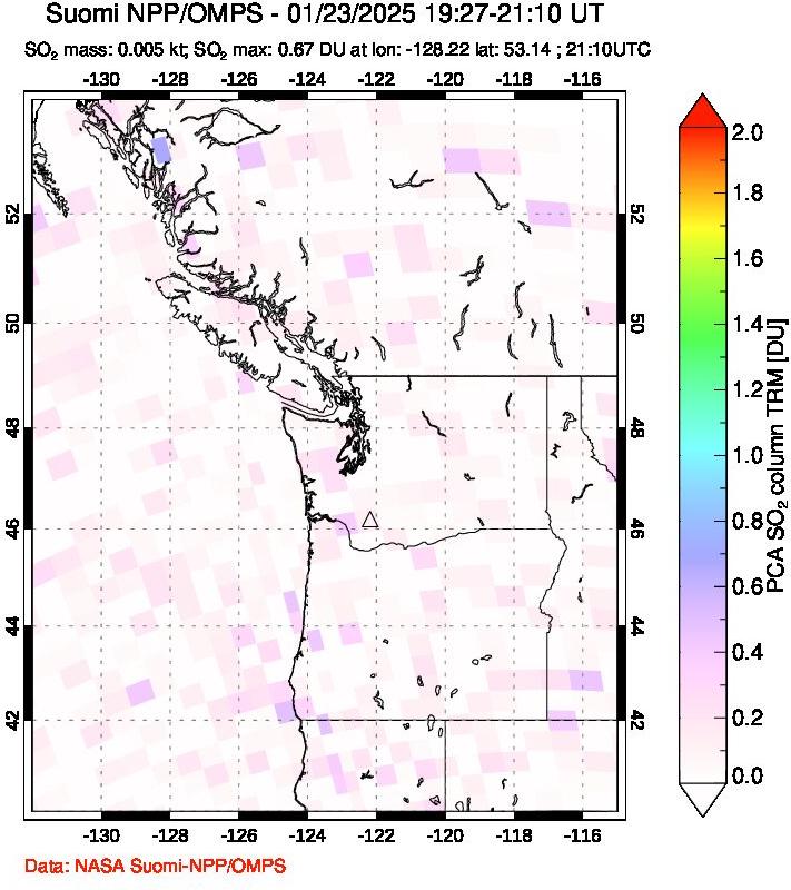 A sulfur dioxide image over Cascade Range, USA on Jan 23, 2025.