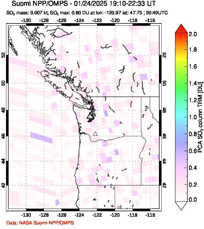 A sulfur dioxide image over Cascade Range, USA on Jan 24, 2025.