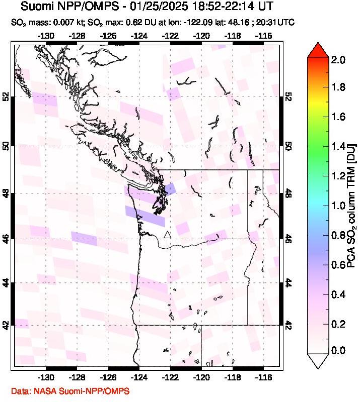 A sulfur dioxide image over Cascade Range, USA on Jan 25, 2025.