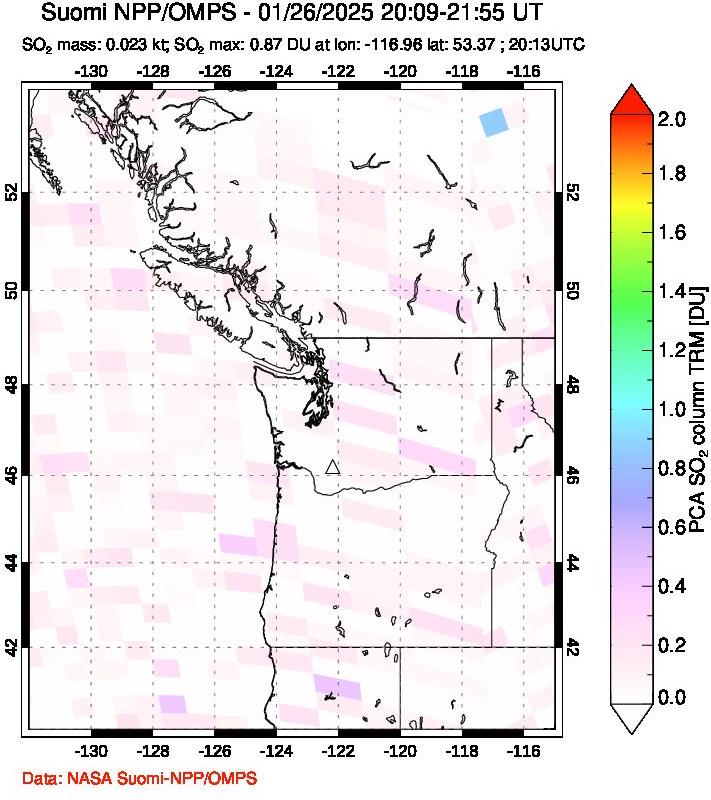 A sulfur dioxide image over Cascade Range, USA on Jan 26, 2025.