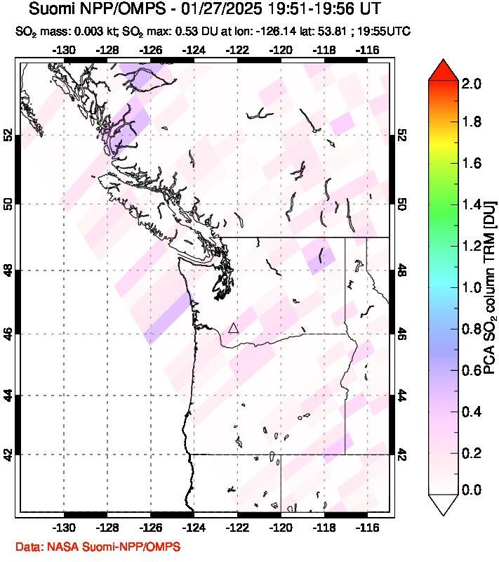 A sulfur dioxide image over Cascade Range, USA on Jan 27, 2025.