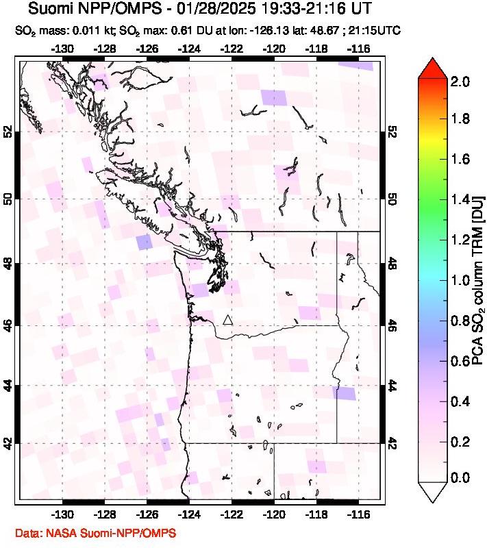 A sulfur dioxide image over Cascade Range, USA on Jan 28, 2025.