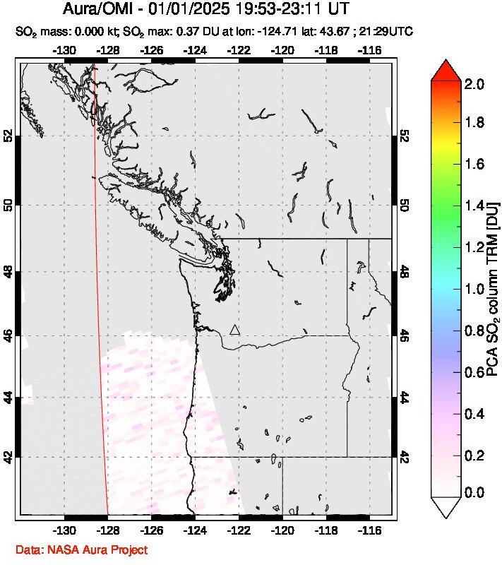 A sulfur dioxide image over Cascade Range, USA on Jan 01, 2025.