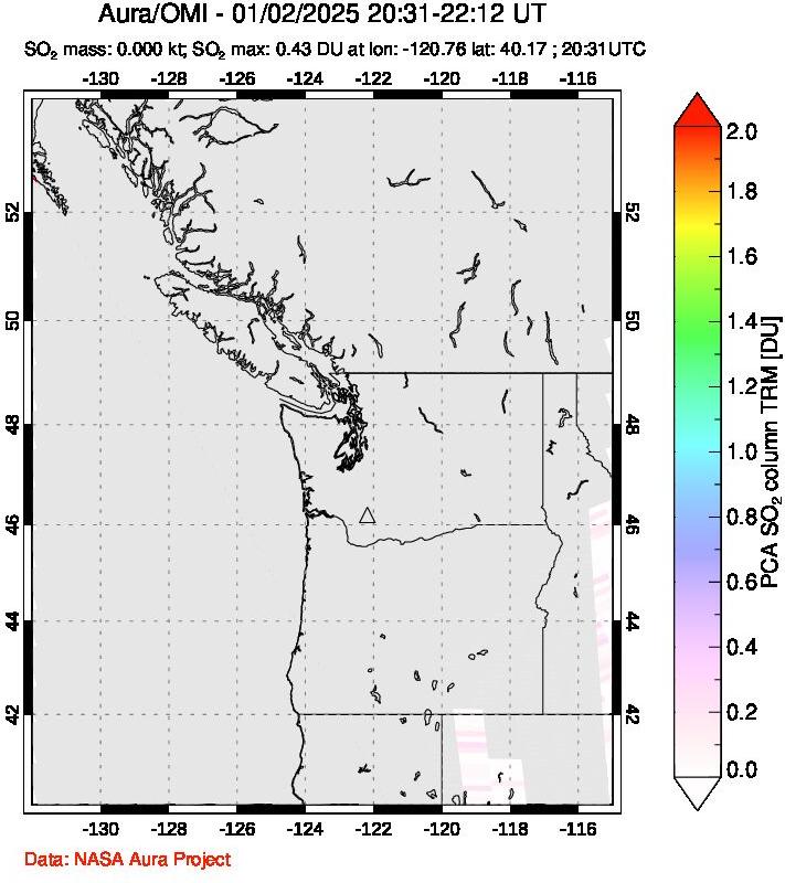 A sulfur dioxide image over Cascade Range, USA on Jan 02, 2025.