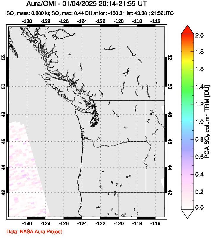 A sulfur dioxide image over Cascade Range, USA on Jan 04, 2025.