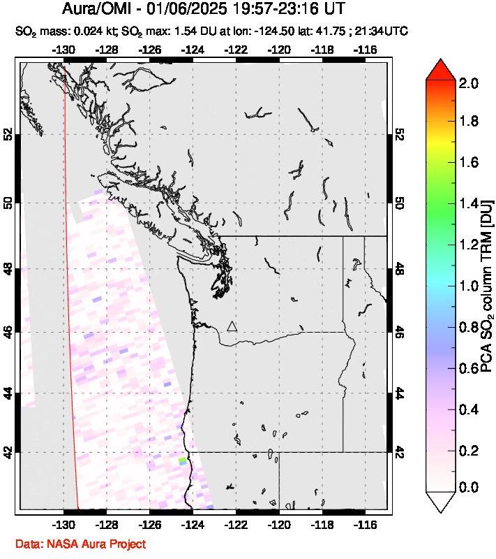 A sulfur dioxide image over Cascade Range, USA on Jan 06, 2025.