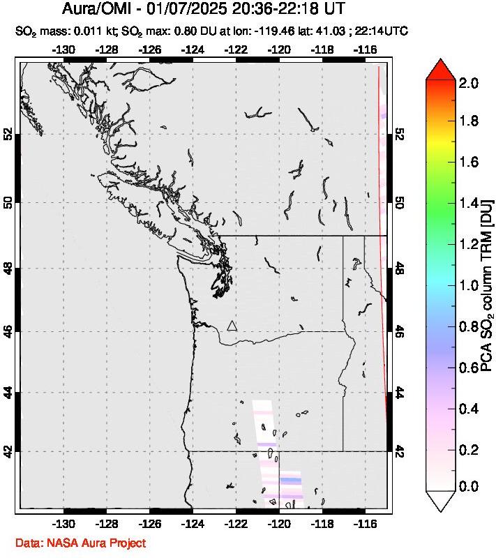 A sulfur dioxide image over Cascade Range, USA on Jan 07, 2025.