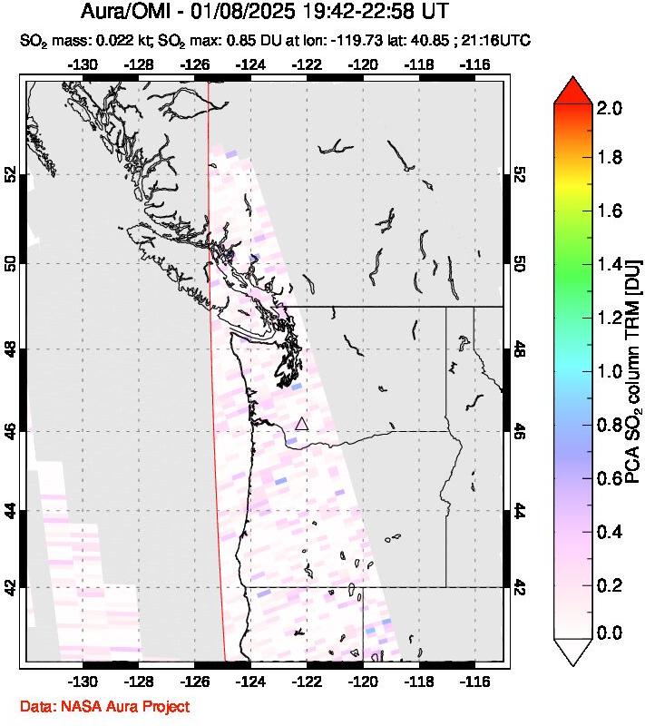 A sulfur dioxide image over Cascade Range, USA on Jan 08, 2025.