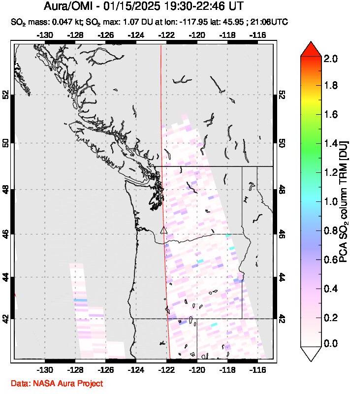 A sulfur dioxide image over Cascade Range, USA on Jan 15, 2025.