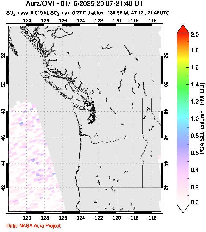 A sulfur dioxide image over Cascade Range, USA on Jan 16, 2025.