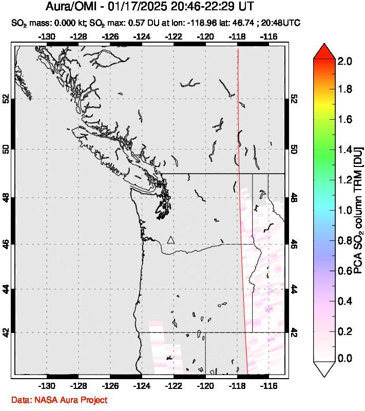 A sulfur dioxide image over Cascade Range, USA on Jan 17, 2025.