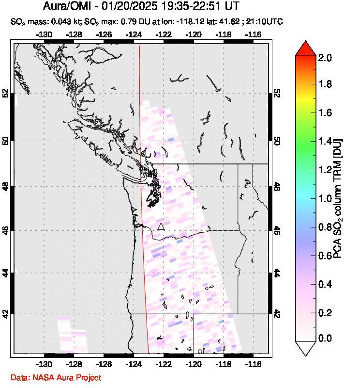 A sulfur dioxide image over Cascade Range, USA on Jan 20, 2025.