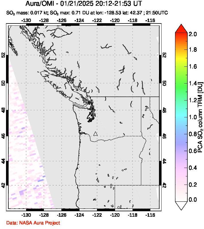 A sulfur dioxide image over Cascade Range, USA on Jan 21, 2025.